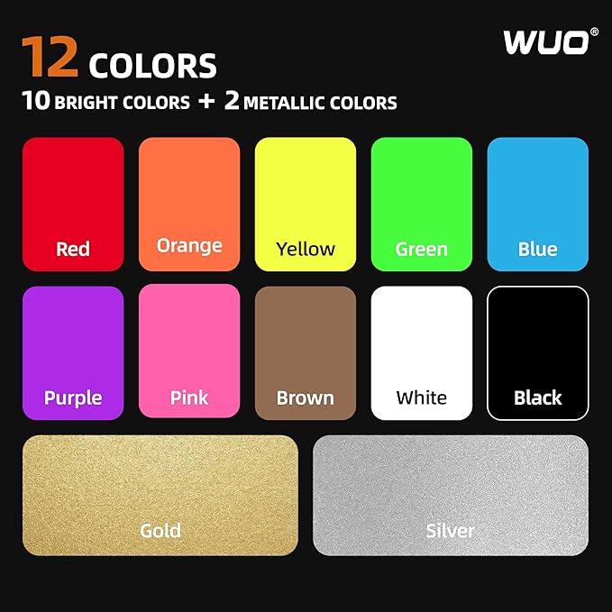WUO 12 Colors Liquid Chalk Markers, 10mm Jumbo 3-in-1 Nib Window Chalk Markers, Washable Chalkboard Markers for Glass, Windows, Blackboards, Mirrors, Bistro Signage, and DIY Art Crafts