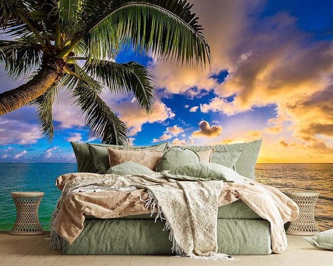 Jdayda Sunset Beach Wallpaper Hawaiian Seascape Palm Tree Wall Mural for Bedroom Living Room (Not Self-Adhesive)