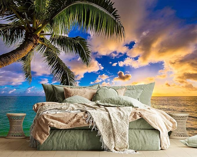 Jdayda Sunset Beach Wallpaper Hawaiian Seascape Palm Tree | 106"x75" Not Self-Adhesive Wall Mural for Bedroom Living Room