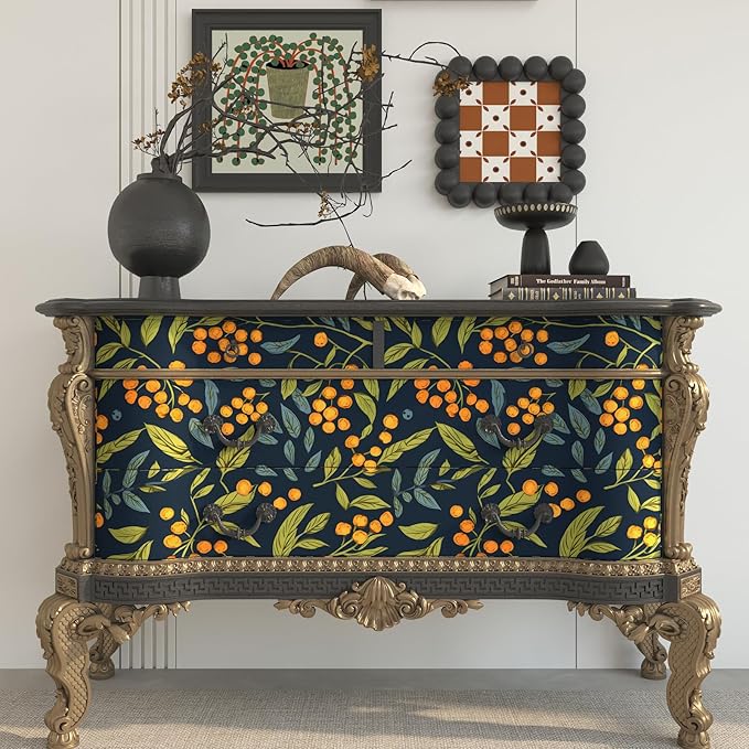 BOKEBEVE Leaf Floral Wallpaper Peel n Stick Boho Blue Orange 17.5 x 78.5In | Removable Self Adhesive Renter Friendly Vintage Floral Wall Paper for Bedroom Bathroom Living Room Feature Accent Wall