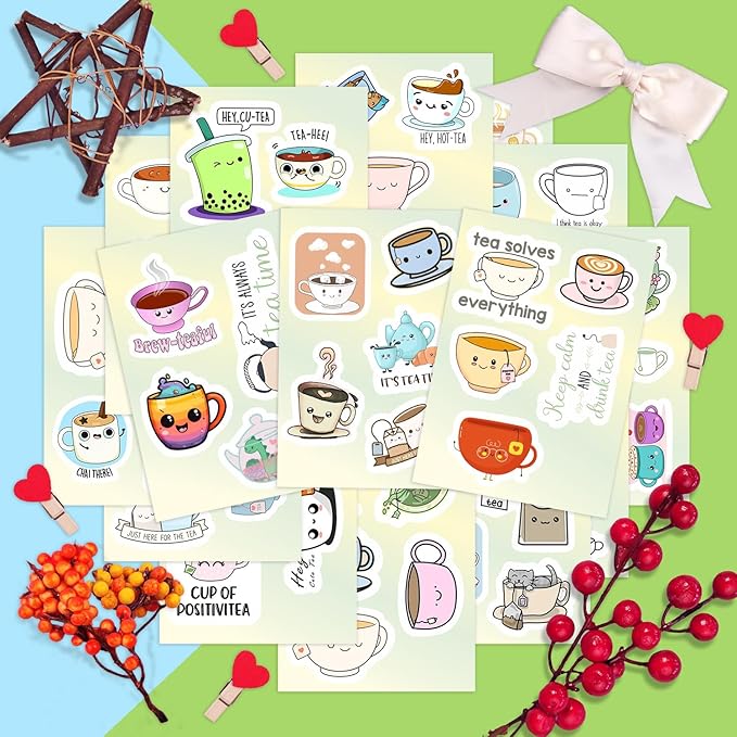 BulbaCraft Cute Tea Cup Stickers, Tea Stickers for Water Bottle and Laptop - Tea Cup Party Supplies & Decorations, Waterproof Vinyl Drink Decals, Gifts for Women & Men