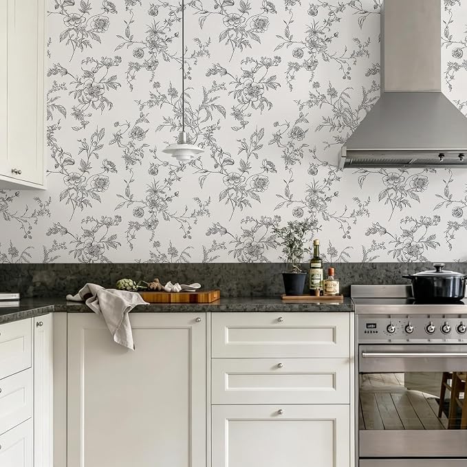 Ismoon Peel and Stick Wallpaper Floral Vintage Stick on Wall Paper Black and White Contact Paper for Cabinet French Textured Removable Self Adhesive Wallpaper Vinyl for Bedroom Wall Deco 17.3 x 78.7in