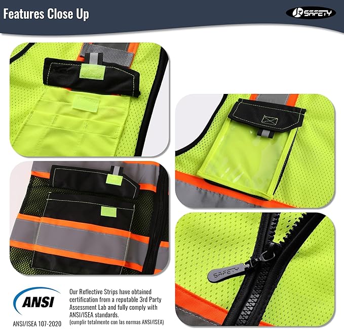 JKSafety Hi Vis Reflective Safety Vests for Men Women High Visibility Vest with Pockets Mesh Fabric Construction Safety Apparel Neon Vest for Work (220-YBlack S)