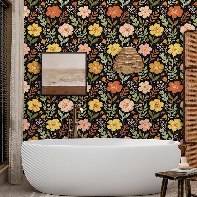 ILHIIOR Black/Orange Floral Peel and Stick Wallpaper 17.5 x 118 Inches | Leaf Removable Self Adhesive Waterproof Contact Paper, Renter Friendly Decor for Cabinets, Drawers & Bedroom Walls