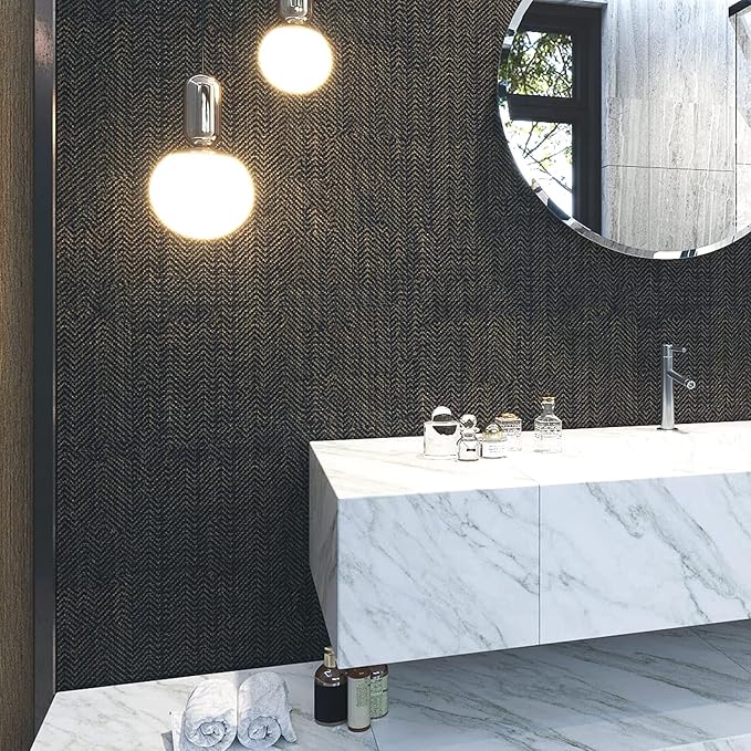 FunStick Black and Gold Geometric Wallpaper Peel and Stick Modern Faux Grasscloth Wall Paper Textured Herringbone Self Adhesive Vinyl Contact Paper for Room Wall Furniture Cabinet Removable 12" x 200"