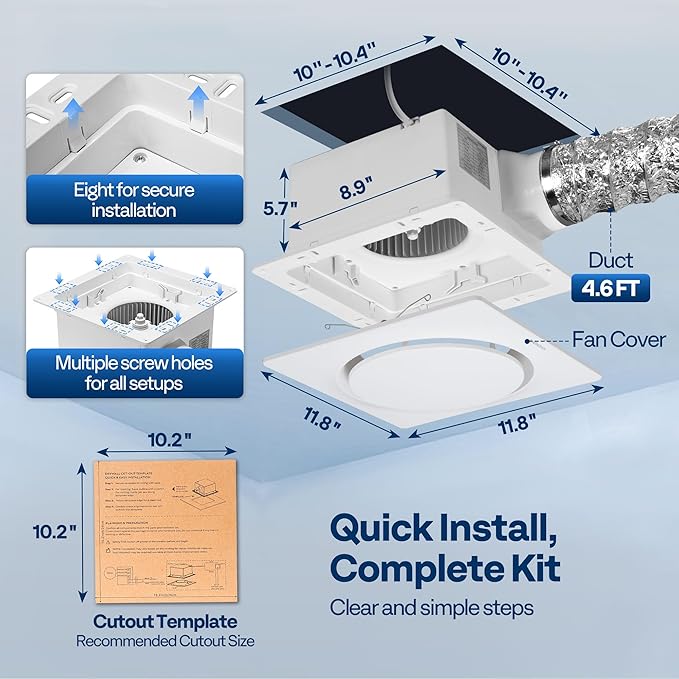 VIVOHOME AutoFlow Bathroom Exhaust Fan with Humidity Sensor (160-110-50CFM) - Energy-Saving EC Motor,10.2-inch Ceiling Retrofit Bath Fan, No Attic Access Needed(Install Kit, 4-in Duct Included)