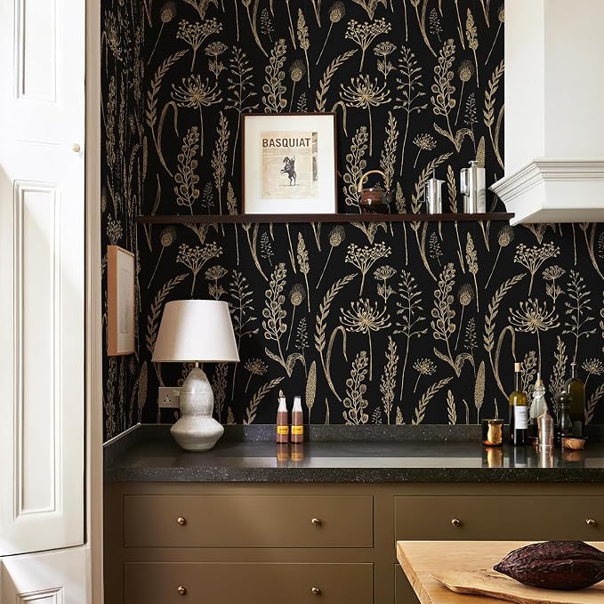 JiffDiff Peel and Stick Wallpaper Farmhouse Vintage Floral Contact Paper Wheat Meadow Removable Self Adhesive Wallpaper Black and Gold (56 sq.ft)