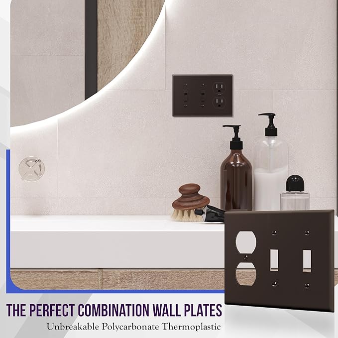 ENERLITES Combination Triple Gang Wall Plate, Double Toggle Switch/Single Duplex Receptacle Cover Plate, Standard Size 3-Gang 4.5" x 6.38", Polycarbonate Thermoplastic, 881221-BR, Brown