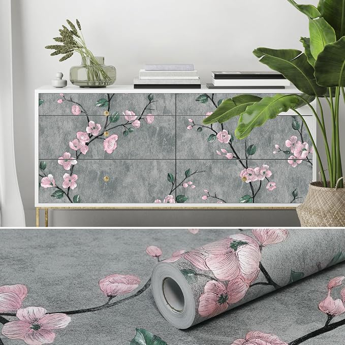 Floral Peel and Stick Wallpaper Flower Tree Contact Paper A Set of 17.5"x1200" Self Adhesive Removable Modern Grey Wall Paper Decorative Wall Covering Countertop Vinyl Film Roll