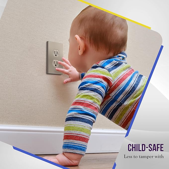 ENERLITES Screwless Duplex Wall Plate, Child Safe Receptacle Outlet Cover, Standard Size, 1-Gang 4.68" x 2.93", Unbreakable Polycarbonate Thermoplastic, UL Listed, SI8821-NK-5PCS, Nickel, 5 Pack