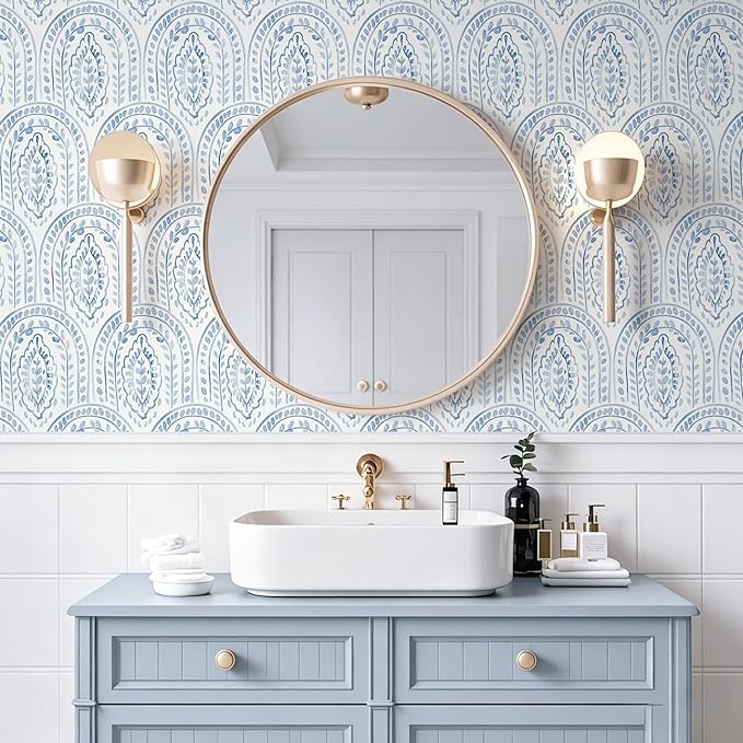 Peel and Stick Wallpaper Modern Wall Paper Boho Contact Paper Removable Peel and Stick Blue and White Self-Adhesive Wallpaper for Bathroom Bedroom Kitchen Wall Decor 17.3" x 197"