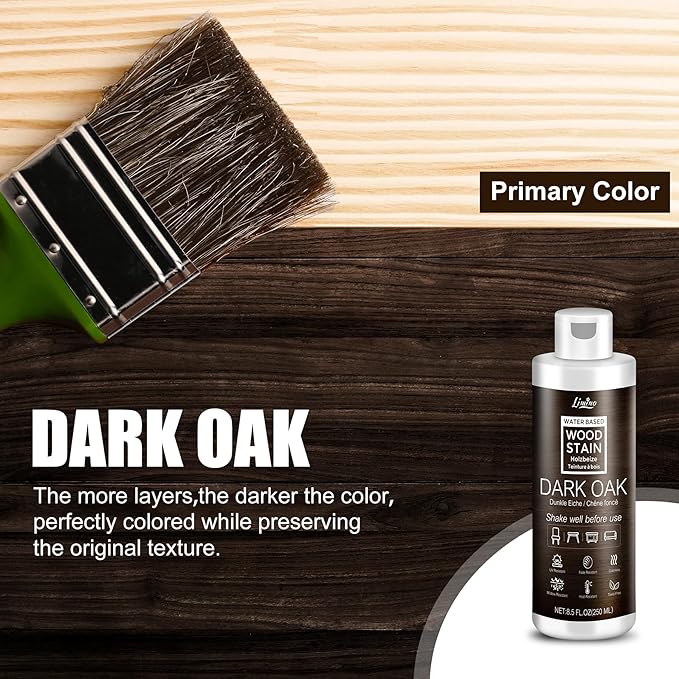 Water Based Wood Stain - Dark Oak | Wood Varnish for Indoor ＆ Outdoor Furniture, Wardrobe, Cabinets, Doors, Low Odor ＆ Non-Toxic, Fast Drying, Multiple Classical Finishes - 8.5fl.oz / 250ml