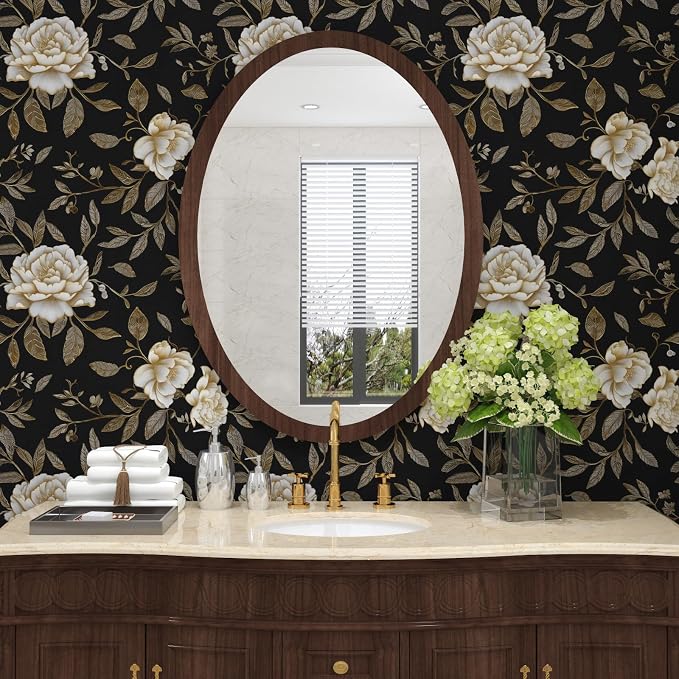 Dark Golden White Peony Floral Wallpaper Peel and Stick 17.5"x787" | Self Adhesive/Removable/Waterproof/Thick Vinyl Extra Long Contact Paper for Bathroom Bedroom Shelf Cabinet Drawer,Prepasted