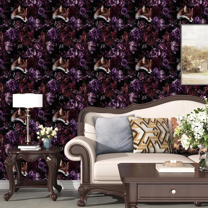 Gothic Black Red Fox Floral Wallpaper Peel and Stick 17.5"x118" | Self Adhesive/Removable/Waterproof/Thick Vinyl Vintage Contact Paper for Bathroom Bedroom Shelf Cabinet Drawer,Prepasted