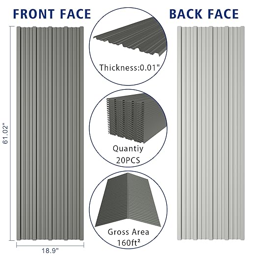 20PCS 160ft² Metal Roofing Panels 61.02"x18.9" Corrugated Metal Sheets Galvanized Exterior Siding Roofing Materials for Outdoor House Garages Sheds Pergola Gazebo Chicken Coop Stables, Grey