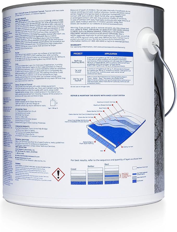 AMES SEB1 Elasto-Barrier Adhesive Base Coat-1 Gallon, Gray Primer Perfect for RV, Wood, Roofs and More-Expands and Contracts 1200% -Made in The USA, Grey Liquid Rubber