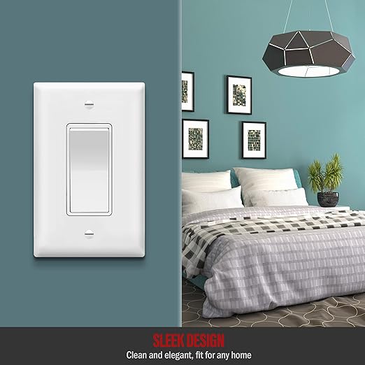 ENERLITES Decorator Light Switch, Single Pole, 15A 120-277V, Grounding Screw, Residential Grade, UL Listed, 91150-WMWP-10PCS, White with Mid-Size Wall Plates, 10 Pack