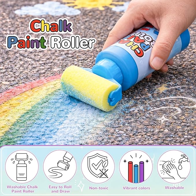 Eaasty 18 Pcs Roller Sidewalk Paint Set Washable Powdered Chalks Mix in Water Paint Rollers 3 Colors Kids Outdoor Art Toy for Driveway Sidewalk Chalkboard