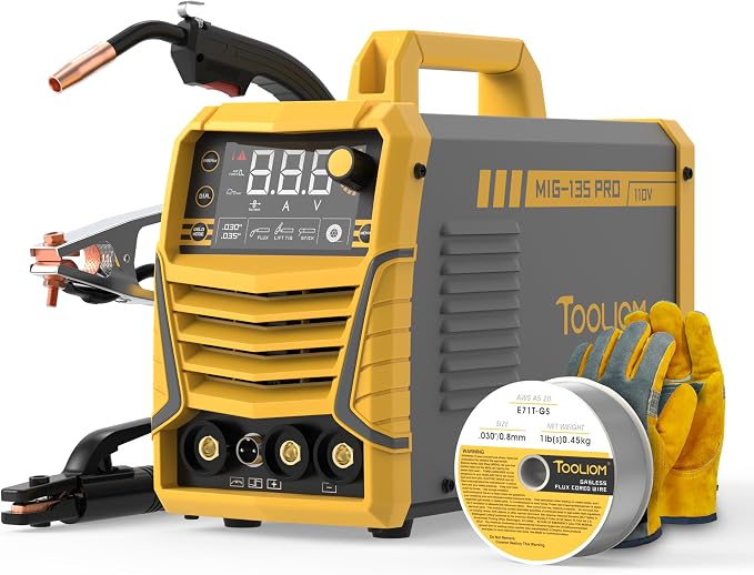 TOOLIOM 135A Gasless Flux Core MIG Welder 110V MIG Welder Flux MIG/Lift TIG/Stick 3 in 1 Welding Machine IGBT DC Inverter with LCD Display
