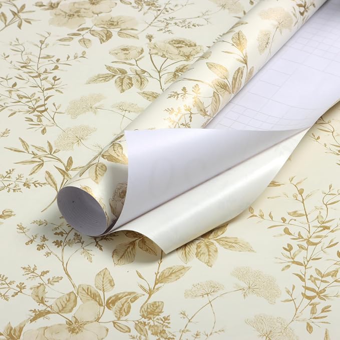 Erfoni 16.9" x197" Yellow Brown Floral Peel and Stick Wallpaper Boho Floral Leaf Contact Paper Flower Self Adhesive Wall Paper DIY Removable Decoration Wallpaper for Livingroom Accent Wall Covering