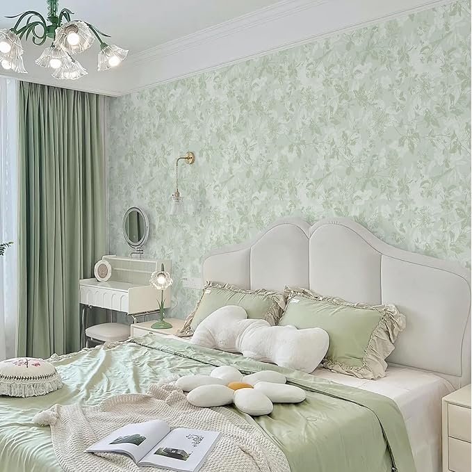 17.3" X 385" Peel and Stick Wallpaper Floral Boho Green Contact Paper Bird Cute Girl Modern Wall Paper Renter Friendly Waterproof Removable Self Adhesive Bedroom Kitchen Dorm Cabinets Vinyl