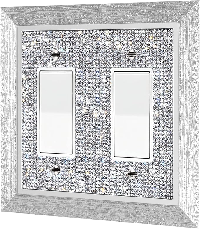 1 Pcs Shiny Rhinestones Switch Wall Plate Double Gang Toggle Imitation Wood Grain Light Switch Covers Outlet Covers Decorator Plate Outlet Wall Plates