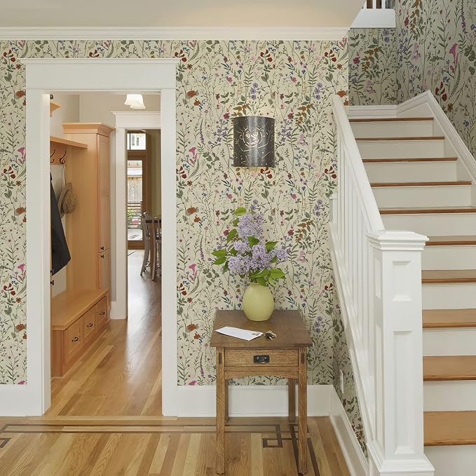 Wallpaper Self-Adhesive Blooming Vintage Colourful Flowers Wall Paper for Bedroom Living Room Cabinet, Peel and Stick Beige Sketch Little Flowers Wallpaper Mural 7.1 sq. feet (59"x17.3")