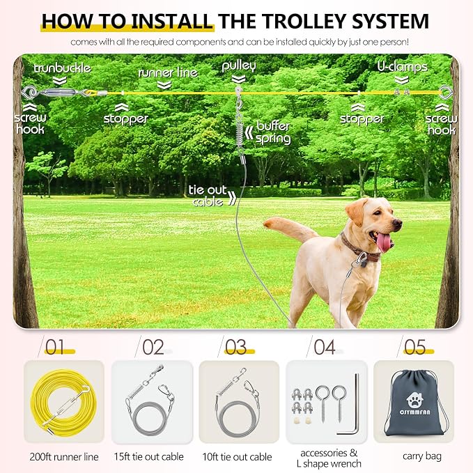 Professional Dog Runner Trolley System，Heavy Duty & Adjustable 200ft Dog Zip Line with 10ft & 15ft Tie Out for Large Dogs Up to 250lbs, Chew Proof Dog Run Cable for Yard, Camping & Outdoor Adventure