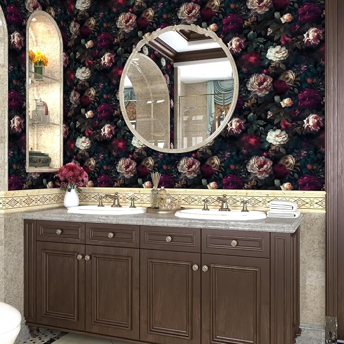 Fvlow Vintage Black Dark Red Floral Peel and Stick Wallpaper 17.4" x 394" | Renter Friendly, Removable & Waterproof, Vinyl Easy Install for Bedrooms, Bathrooms, Kitchens, Cabinets and Home Decor