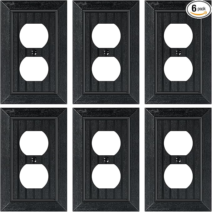 6-Pack Classic Beadboard Duplex Outlet Cover Plate, Decorative Unbreakable Polycarbonate Switch Plates and Outlet Covers, Matte Black Wall Plates for Electrical Outlets, 1 Gang Receptacle Cover
