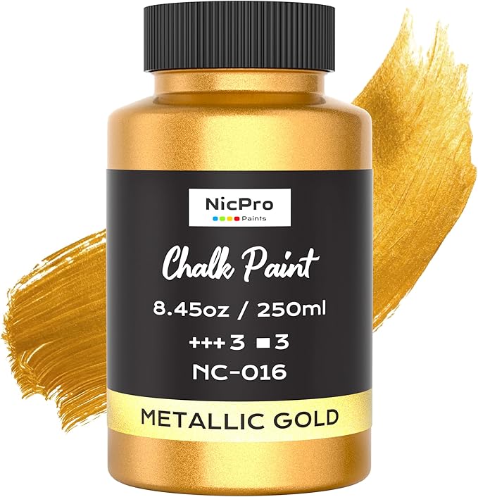 Nicpro Gold Chalk Paint for Furniture, 8.45oz/250ml, All-in-One Metallic Gold Leaf Paint with Built-In Primer & Topcoat, Soft Gloss Finish, Non-Toxic Chalk Paints for Wood, Metal & Home Decor