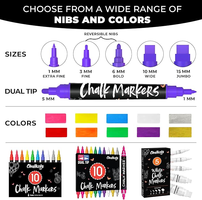 Extra Fine Tip Liquid Chalk Markers (1mm, 10 Pack) with Gold & Silver - Erasable Dry Erase Marker Pens for Blackboard, Windows, Chalkboard Markers, Bistro, Restaurants - Thin Point Chalk Pens Set