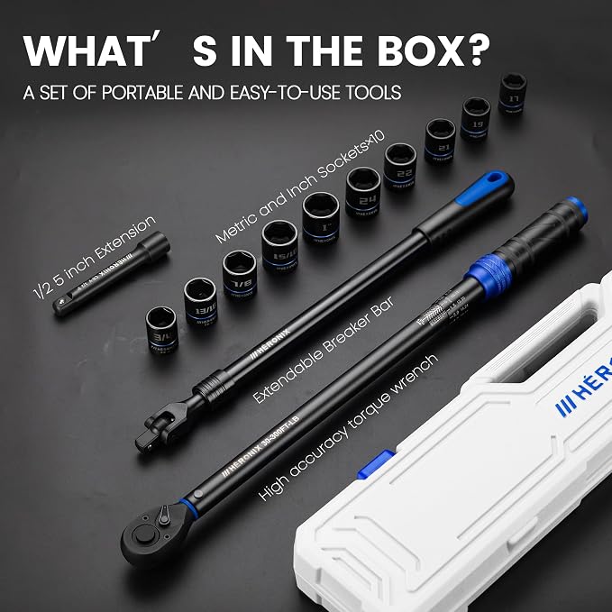 13PCS 1/2-Inch Drive Click Torque Wrench Set (30-300 ft-lb / 40.7-406.8 Nm), Tire Change Kit with 1/2" Breaker Bar, 5" Extension & 10 Metric/SAE Sockets for Auto, Truck & Lug Nut Repair