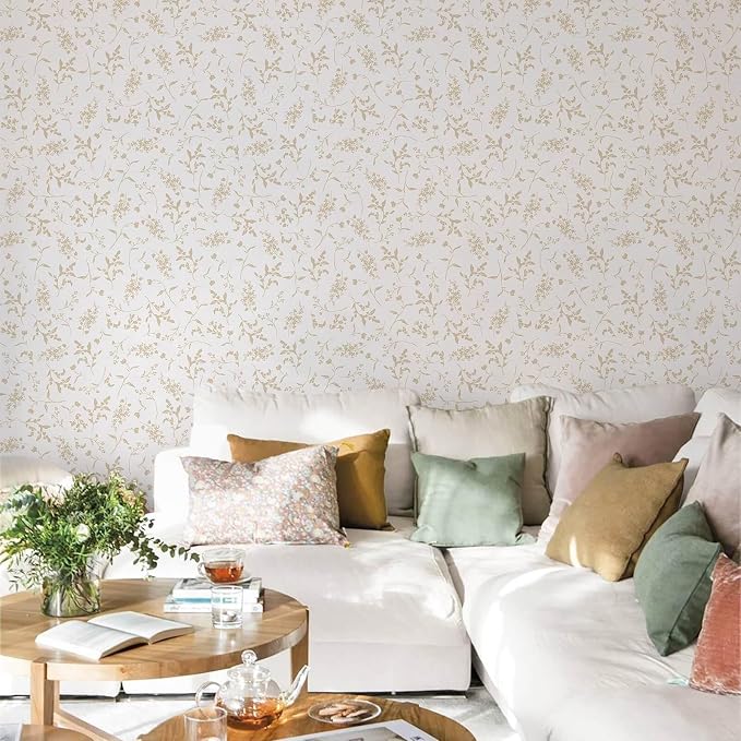 Ismoon Floral Wallpaper Peel and Stick Beige Neutral Contact Paper Wildflowers Leaf Stick on Wall Paper Textured Removable Self Adhesive Vinyl Wallpaper for Bedroom Bahtroom Wall Decor 17.3x196in