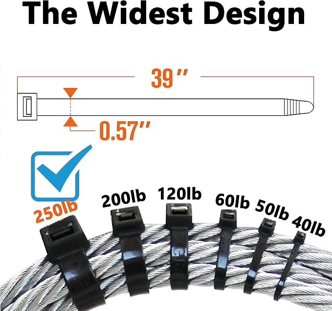 250lb Extra Long Zip Ties Heavy Duty 36 Inch (Actual 39 In) Outdoor, Large Cable Tie Wraps Black Plastic Wire Ties Wide Big Strong Thick Zipties 18 Pack
