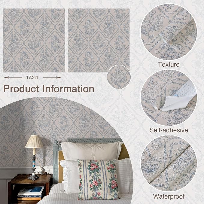 Toduso Peel and Stick Wallpaper Vintage Wall Paper Boho Contact Paper Blue Removable Wallpaper for Kitchen Bathroom Bedroom Floral Waterproof Self Adhesive Vinyl Drawer Decor 17.3"x393.7"