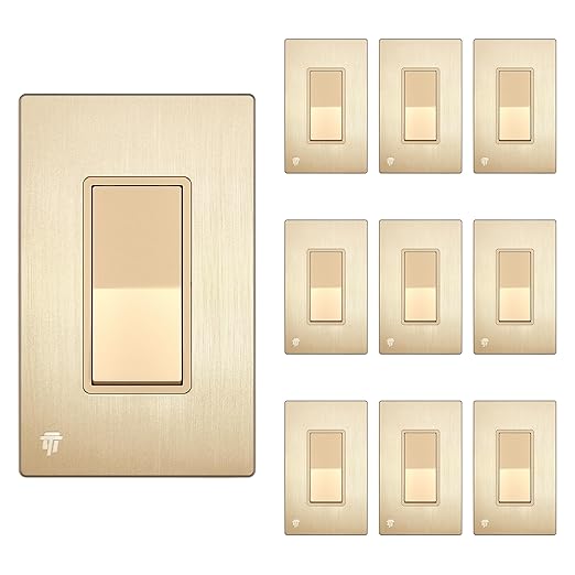 ENERLITES Elite Series Decorator Rocker Light Switch, 15A 120V/277V, Single Pole, Grounding Screw, Residential Grade, UL Listed, Brushed Wall Plates Included, 91150-GDWBP-10PCS, Gold Color (10 Pack)