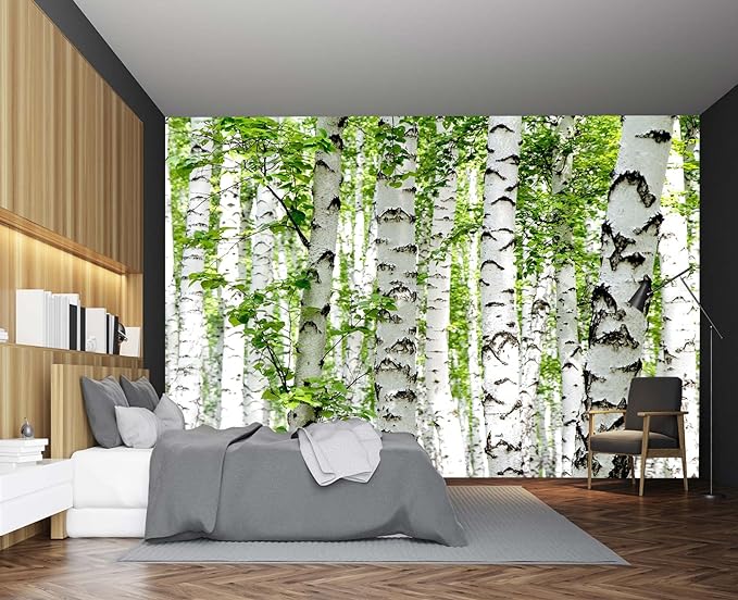 Cliouar-Photo Wallpaper Birch Forest Landscape Trees Poster Nature Lovers Green Forest Bedroom Decoration Mural 158"x110"(Not Peel and Stick)