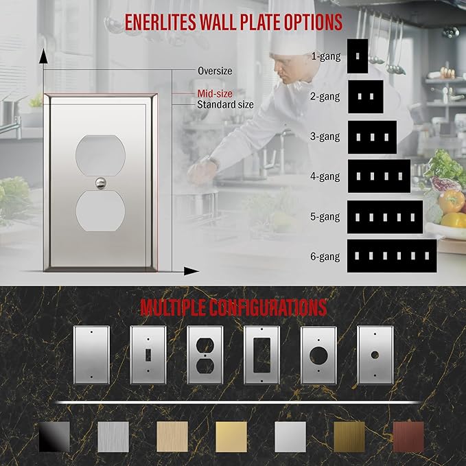 ENERLITES Duplex Receptacle Metal Wall Plate, Stainless Steel Outlet Cover, Corrosion Resistant, Mid-Size 1-Gang 4.88" x 3.11", Stainless Steel 201, 7721M-PC, Polished Chrome