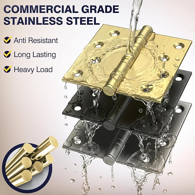 KOLET Ball Bearing Gold Door Hinges, 4 x 4 Inches Square Door Hinges Satin Gold, Square Corner, Stainless Steel Hinges, Heavy Duty, Smooth and Non Removable Pin, 6 Pack