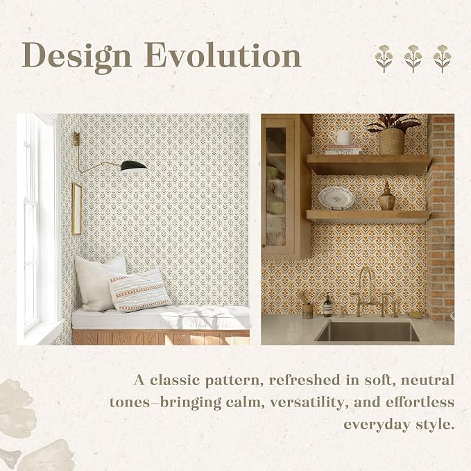 Dimoon 17.3''x393'' Peel and Stick Wallpaper Floral Beige Boho Neutral Cute Contact Paper Vintage Village Country Cottage Wallpaper Farmhouse Renter Friendly Geometry Waterproof Kitchen Bedroom