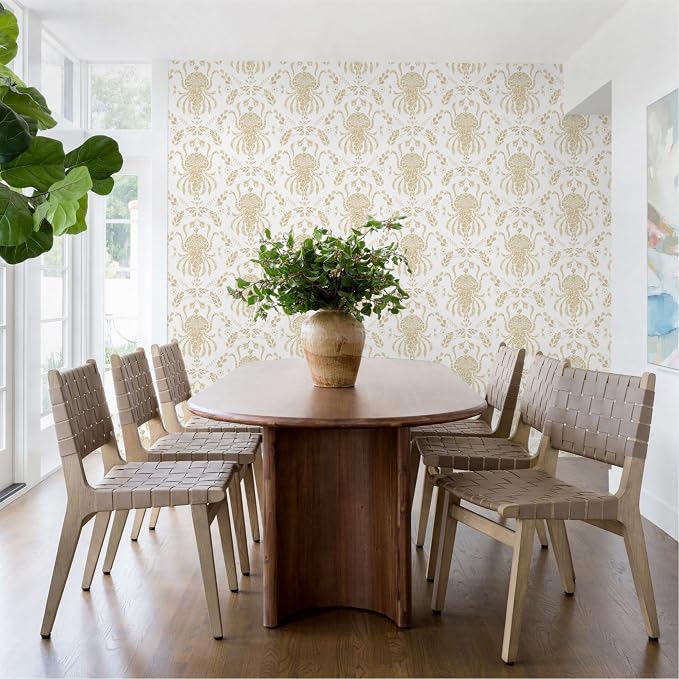 Dimoon Beige Peel and Stick Wallpaper Coastal Contact Paper Bathroom Ocean Wallpaper Boho Jellyfish Renter Friendly Waterproof for Cabinet Kitchen Bedroom Vinyl 17.3''x197''
