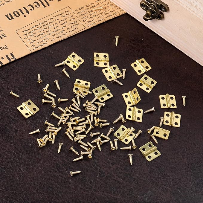 30 Piece Mini Hinges Gold Tiny Hinges 13x12mm Retro Brass Butt Hinge 180 Degree Rotation Miniature Hinge Hardware with Screws for Wooden Box Jewelry Box Doll House DIY Projects