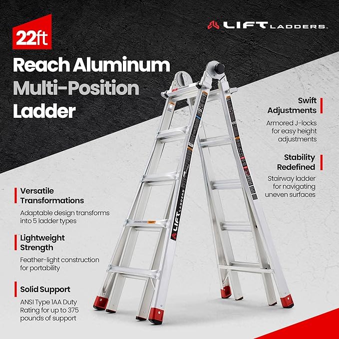Lift Ladders 22 Foot Reach Adjustable 5 in 1 Multi Position Lightweight Aluminum Step Ladder with Armored J Locks and 375 Pound Capacity, Silver
