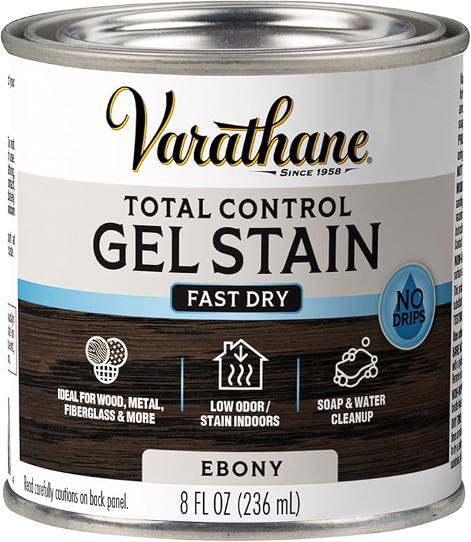 Varathane Total Control Gel Stain | Low Odor Water-Based Formula | Thick Gel Formula for Vertical Surfaces | Ideal for Wood, Metal & Fiberglass | Half Pint | Ebony