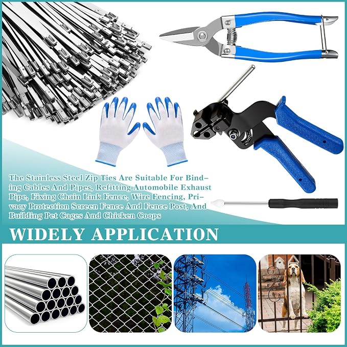 LEIFIDE Stainless Steel Cable Tie Gun Set 200 Pcs 11.8 Inch Heavy Duty Metal Zip Tie Adjustable Fastening Cutting Tool for Outdoor Exhaust Wrapping Fence Workshop(Silver, Blue)