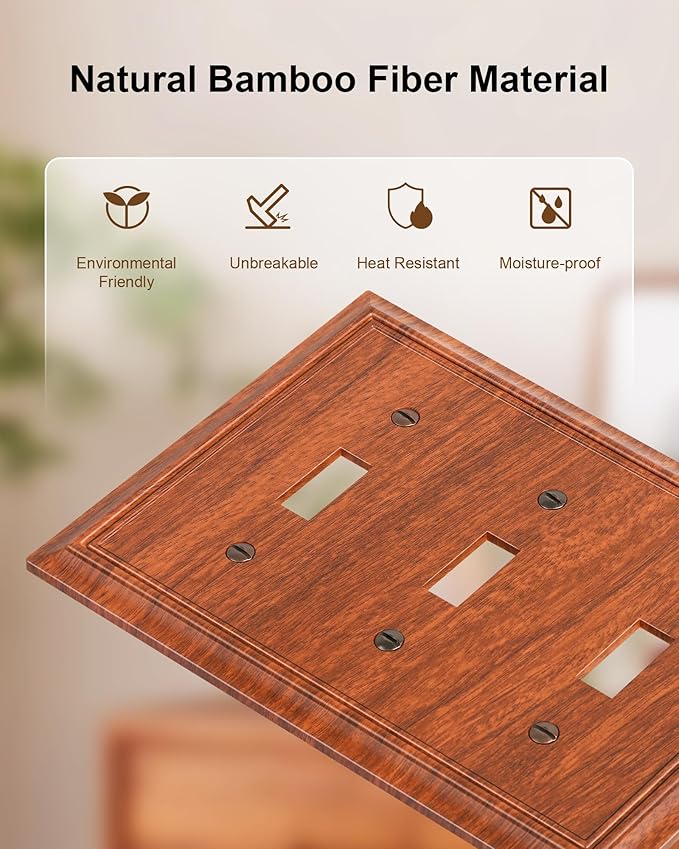2-Pack Triple Toggle Light Switch Cover Plate, Durable Natural Bamboo Fiber Decorative Switch Plate Covers, Wood Grain 3 Gang Wall Plate, Corrosion Resistant