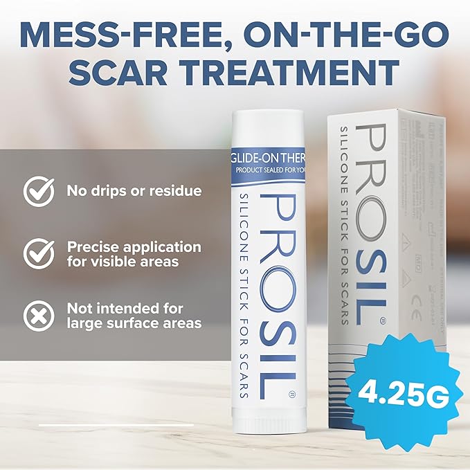 PROSIL Silicone Scar Stick 4.25 g – Medical Grade Silicone Scar Treatment for New & Old Scars – Mess Free, Glide On Scar Therapy Stick for Face & Body – Compact, Travel-Friendly Scar Care for Adults