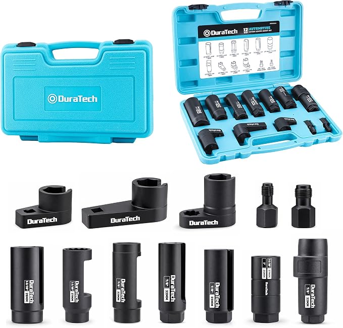 DURATECH 12PCS O2 Oxygen Sensor Socket Set with Storage Case | 22mm, 27mm, 29mm, 7/8" and 1-1/16" Sockets, 3/8" & 1/2" Drive, Thread Chasers