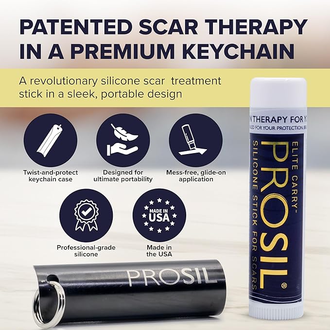 ProSil Elite Carry™ Palm-Sized Silicone Scar Stick – Twist & Protect Keychain Design Scar Treatment for Easy, On-the-Go Application – Secure Dial with One-Handed Use Silicone Stick – Black Sleeve